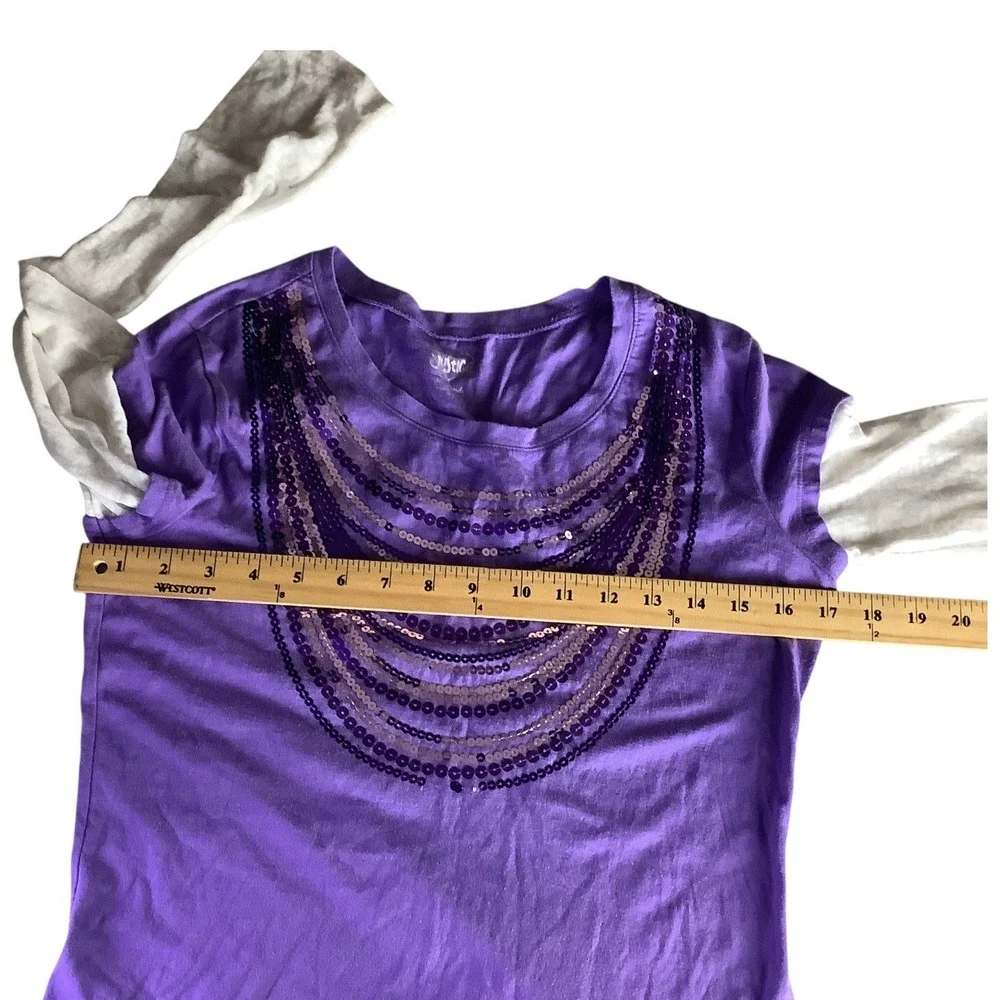 Justice Girls Long Sleeve Purple‎ Shirt Size 18 Sequined Front White Sleeves